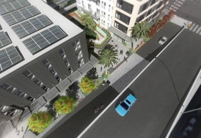Aerial rendering of  789 Minnesota looking at the entry court in San Francisco.