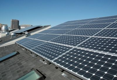 Solar panels on the roof of Folsom-Dore Supportive Apartments in San Francisco, California.