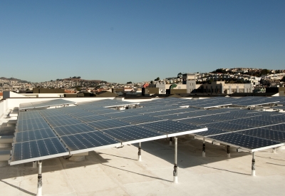 Solar panels on the roof of Armstrong Place Senior in San Francisco.