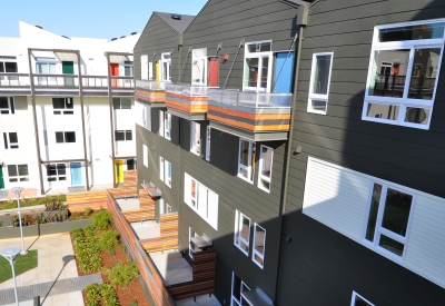 View of the courtyard and balconies at Armstrong Place in San Francisco.