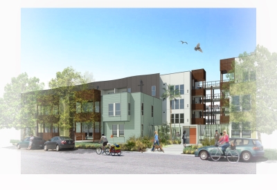 Exterior rendering of residential stoops for Foundry Commons in San Jose, Ca. 