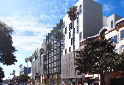 Rendered street view of La Fénix at 1950, affordable housing in the mission district of San Francisco.