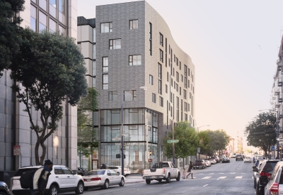 Exterior Rendering of 555 Larkin in San Francisco, an 8-story building with a wavy facade clad in variegated tan colored tile.