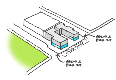 Diagram highlighting the retail spaces at 789 Minnesota and the public park next to it. 