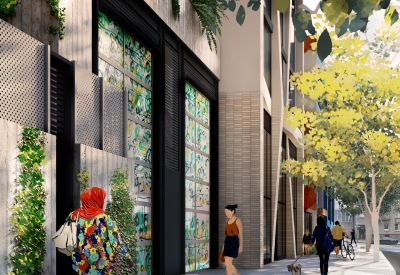 Exterior rendering of the flex space entrance at 1101 Sutter in San Francisco.