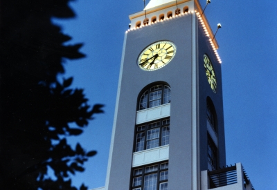 View of the clock tower at night at the Clock Tower Lofts in San Francisco.