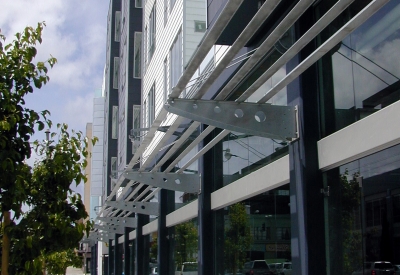 Detail of retail windows and awnings at 8th & Howard/SOMA Studios in San Francisco, Ca.