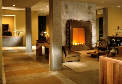Fireplace in the lobby of Hotel Healdsburg in Healdsburg, Ca