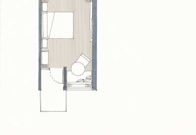 Floor plan for the standard studio hotel room for Harmon Guest House in Healdsburg, California.