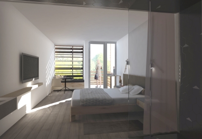3D rendering of the standard studio hotel room for Harmon Guest House in Healdsburg, California.