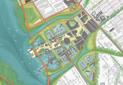 Aerial site plan by the All Bay Collective of Estuary Commons in San Leandro, Ca.