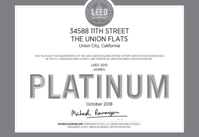 Leed platinum certification for Union Flats in Union City, Ca.