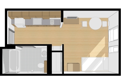 3-D floor plan of furnished studio unit for Richard Apartments in San Francisco.