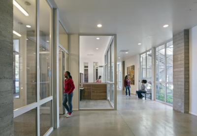 Interior hallway on ground floor of Richardson Apartments in San Francisco.