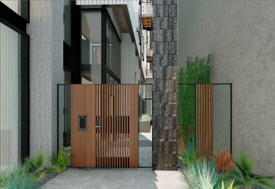Exterior rendering of the entry gate for 420 Mendocino in Santa Rosa, California.