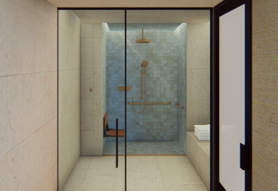Interior rendering of an ADA shower for 420 Mendocino in Santa Rose, California.