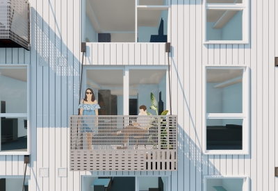 Exterior rendering of a unit balcony for 420 Mendocino in Santa Rose, California.