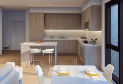 Interior rendering of a unit kitchen for 420 Mendocino in Santa Rose, California.