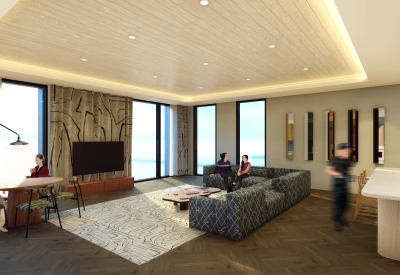 Interior rendering of the resident lounge inside 420 Mendocino in Santa Rose, California.