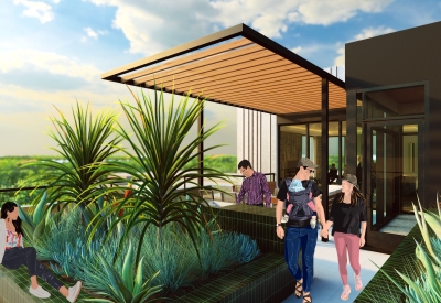 Rendering of there resident rooftop lounge inside 420 Mendocino in Santa Rose, California.