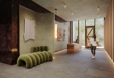 Interior rendering of the lobby for 420 Mendocino in Santa Rose, California.