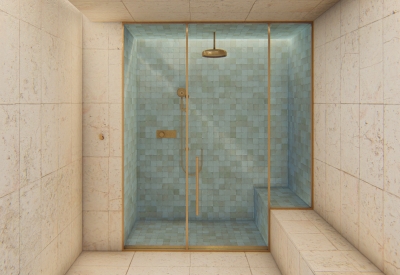 Interior rendering of a shower for 420 Mendocino in Santa Rose, California.