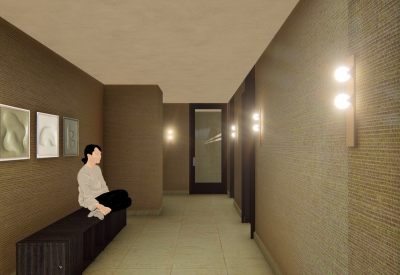 Interior rendering the spa lounge for 420 Mendocino in Santa Rose, California.
