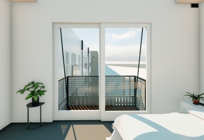 Interior rendering of a unit looking out to the balcony at 420 Mendocino in Santa Rose, California.