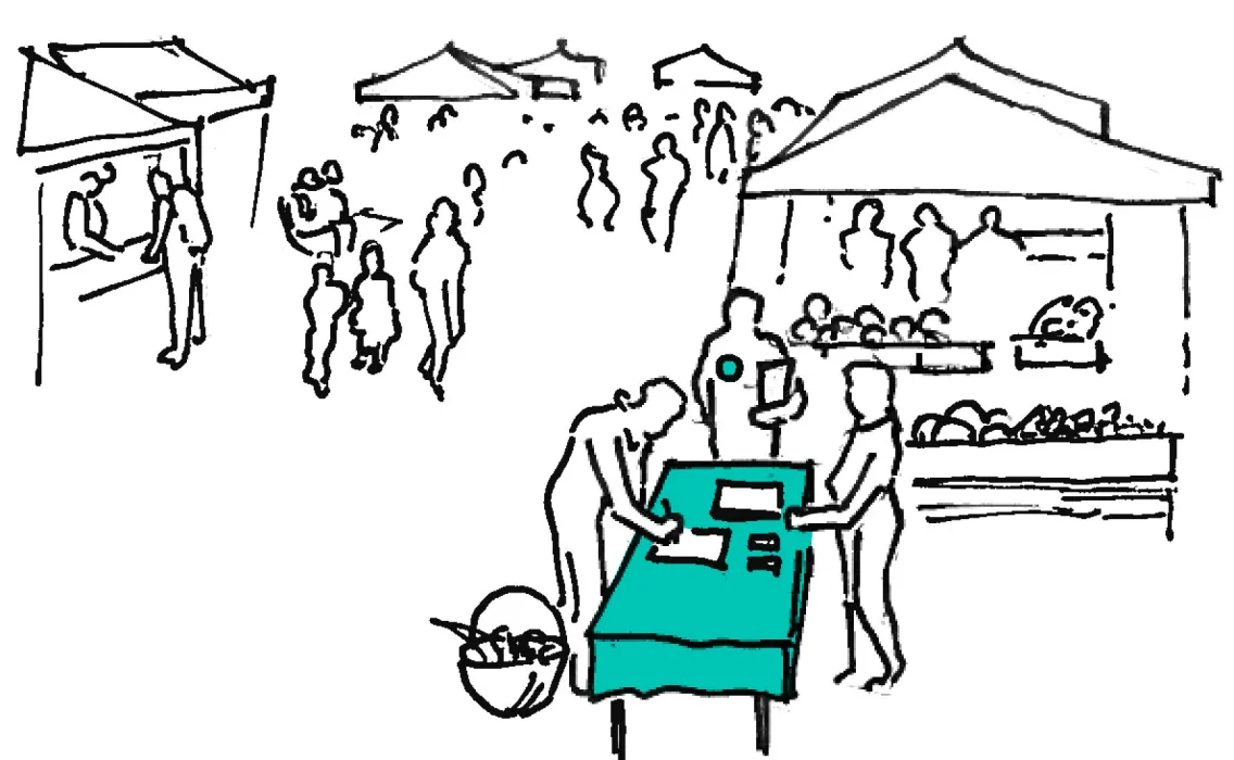 Sketch of an aqua booth where people can register for the Local Cache.