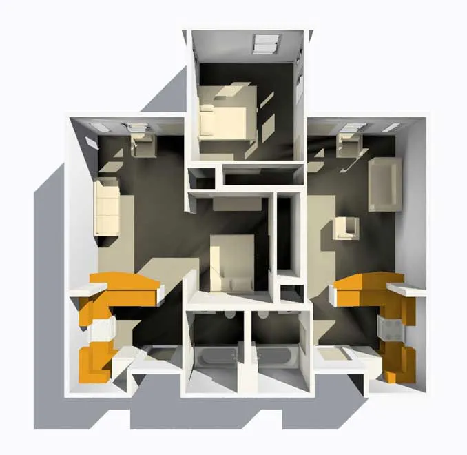 3D floor plan for a unit model at Lenzen Square in San Jose, California.