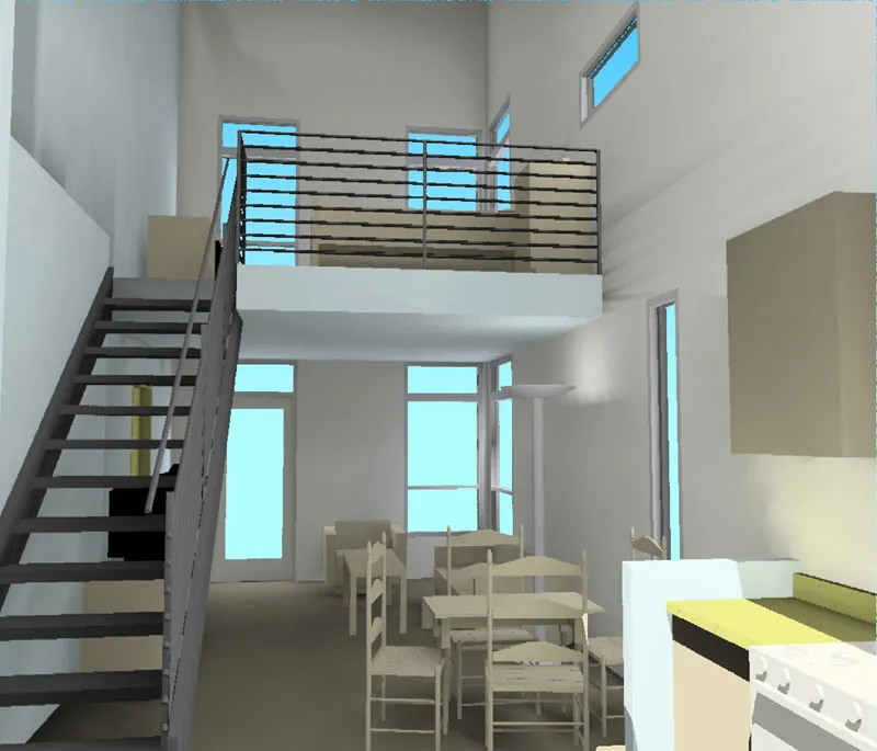 Interior rendering of a loft unit at Folsom-Dore Supportive Apartments in San Francisco, California.