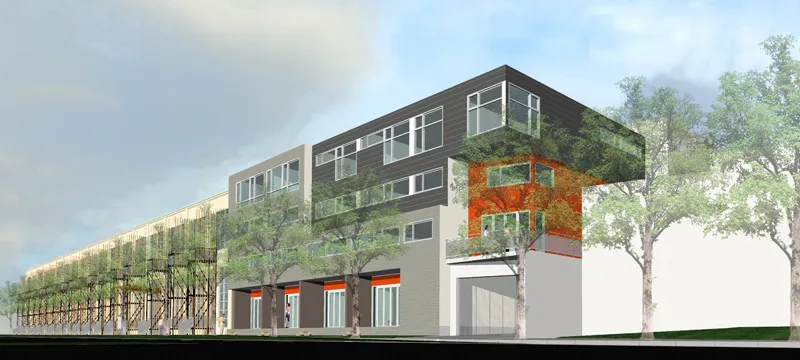Exterior rendering of the street facade for Pacific Cannery Lofts in Oakland, California.