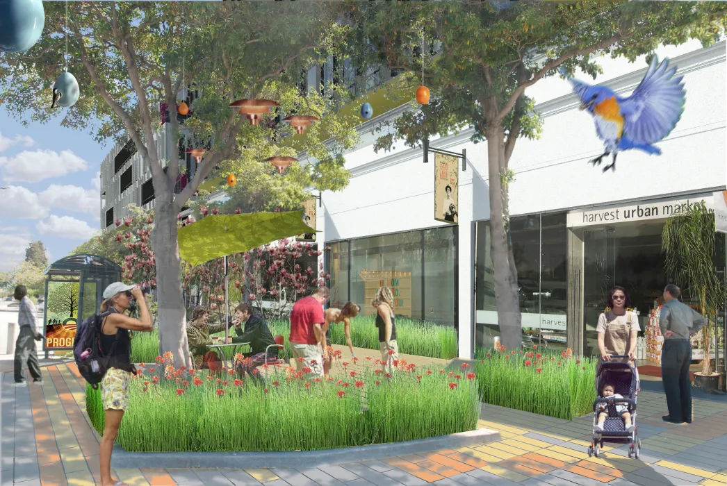 Exterior rendering of retail spaces at Parker Place in Berkeley, California.
