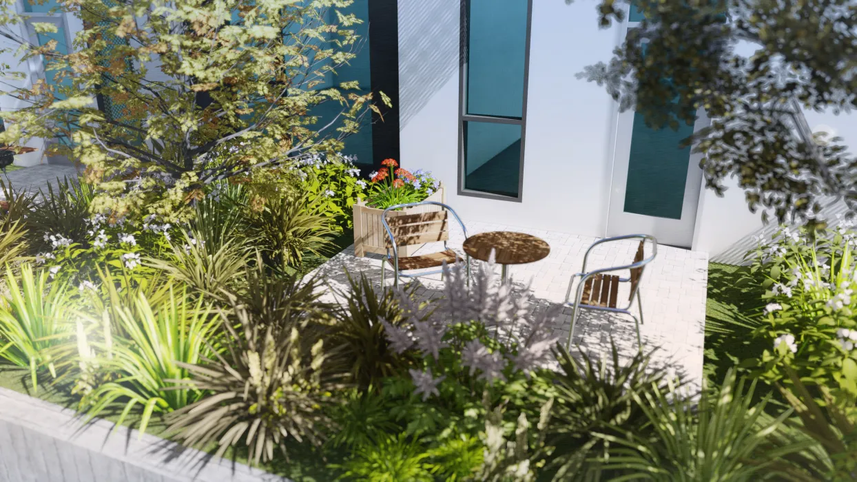 Exterior rendering of a resident patio at Windflower II in Union City, California.