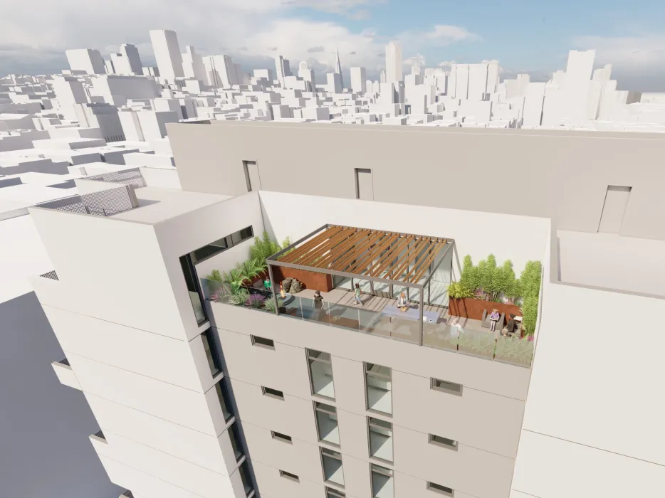 Aerial rendering of the roof of 921 O'Farrell in San Francisco, Ca.