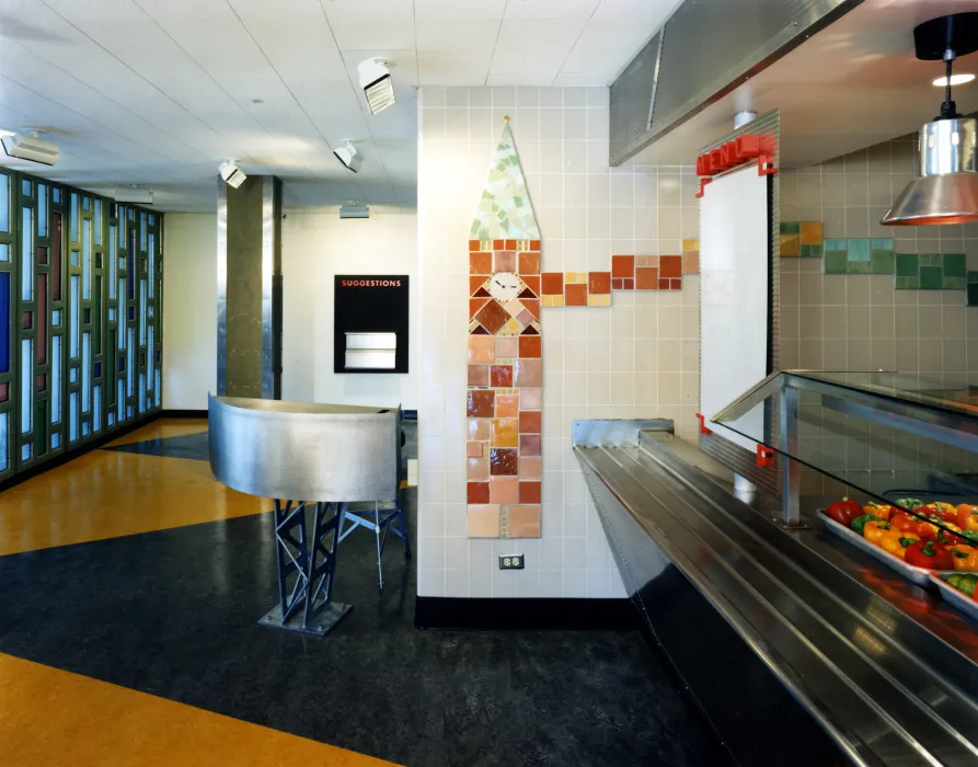 Interior view of the buffet style serving station at U.C. Berkeley Dining Halls
