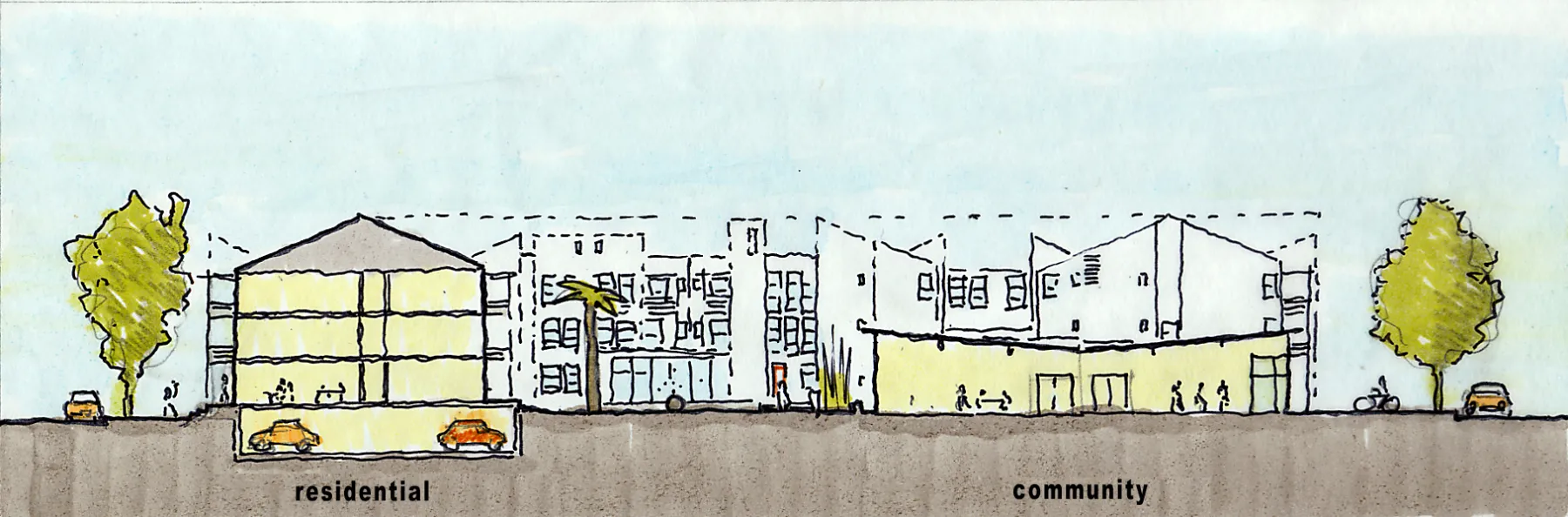 Section sketch for Mabuhay Court and Northside Community Center in San Jose, Ca.