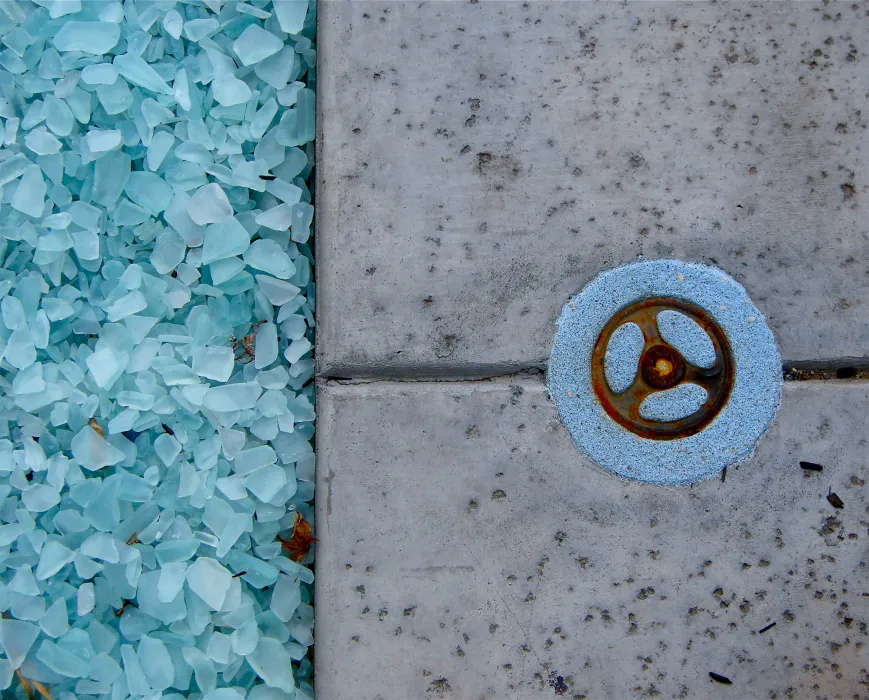 Detail of the courtyard pavement at Pacific Cannery Lofts in Oakland, California.