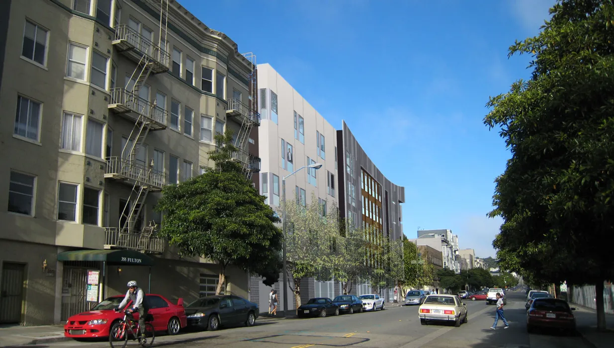 Exterior rendering of Richardson Apartments down from Fulton Street in San Francisco.