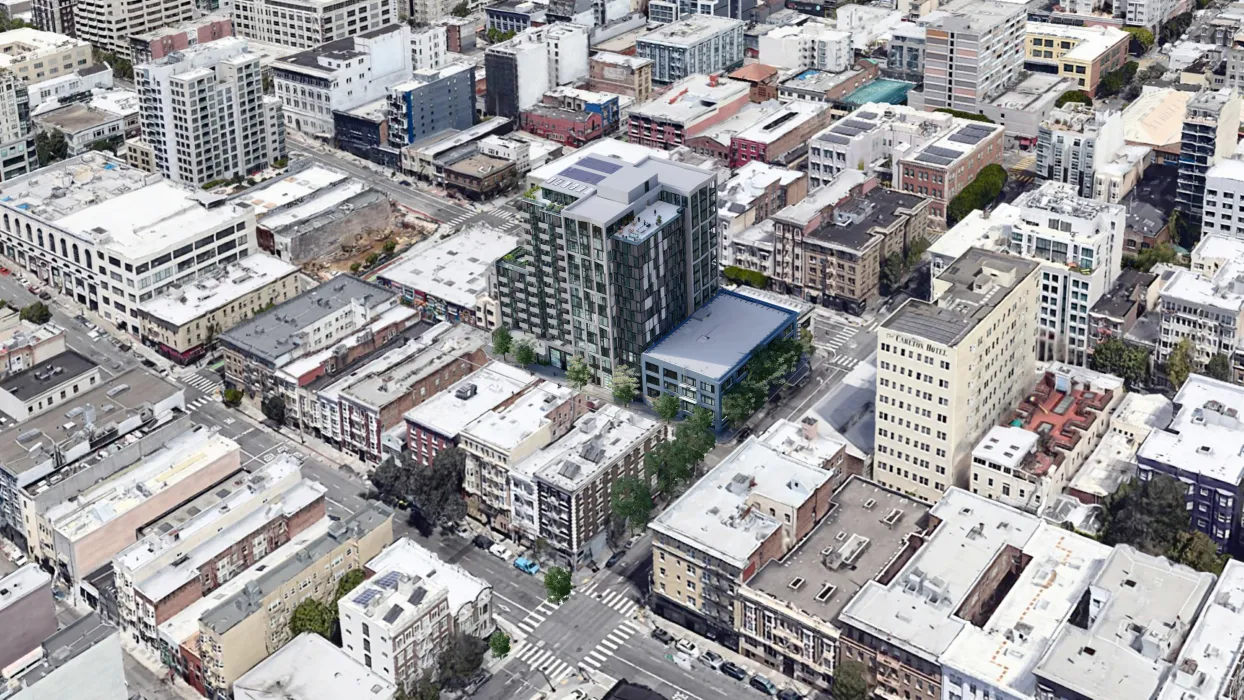 Aerial rendering of 1101 Sutter from the southeast in San Francisco.