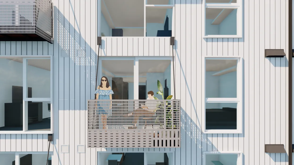 Exterior rendering of a unit balcony for 420 Mendocino in Santa Rose, California.