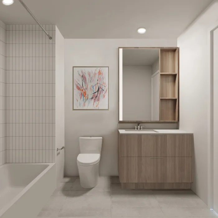 Interior rendering of a unit bathroom for 420 Mendocino in Santa Rose, California.
