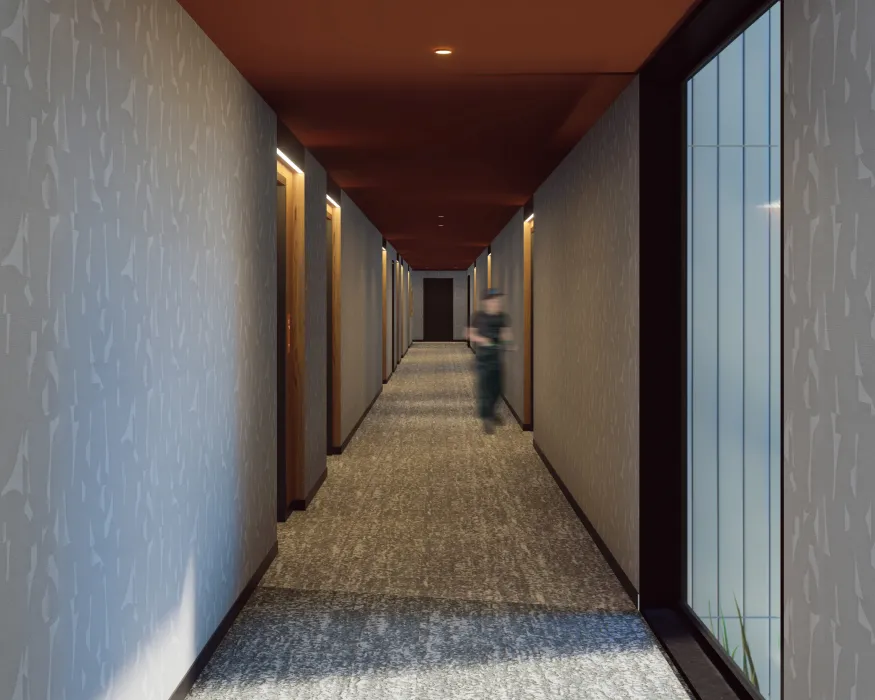 Interior rendering of a residential hallway for 420 Mendocino in Santa Rose, California.