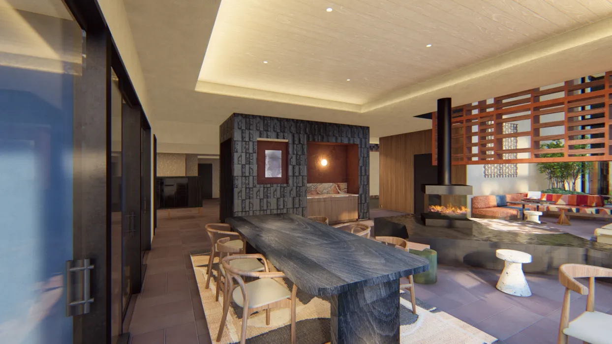 Interior rendering of the resident lounge with a fireplace for 420 Mendocino in Santa Rose, California.