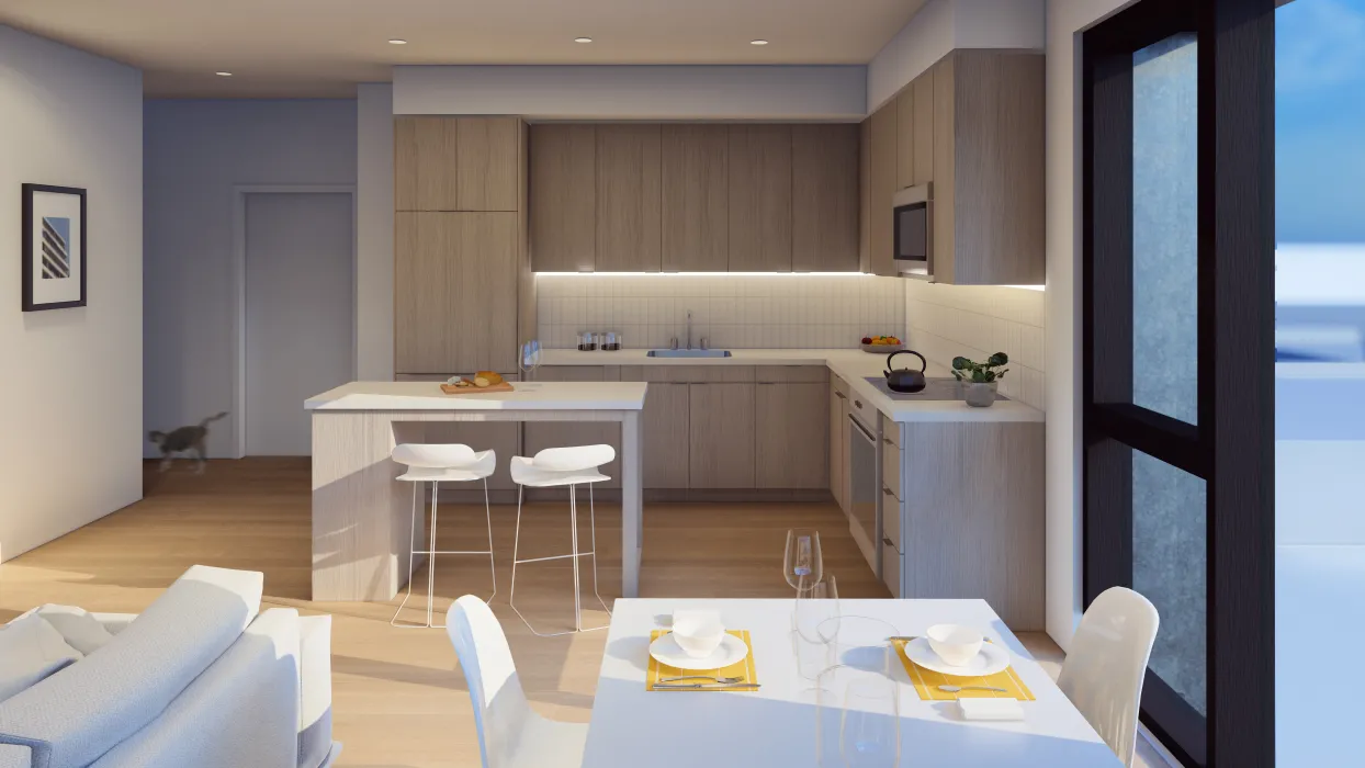 Interior rendering of a unit kitchen for 420 Mendocino in Santa Rose, California.