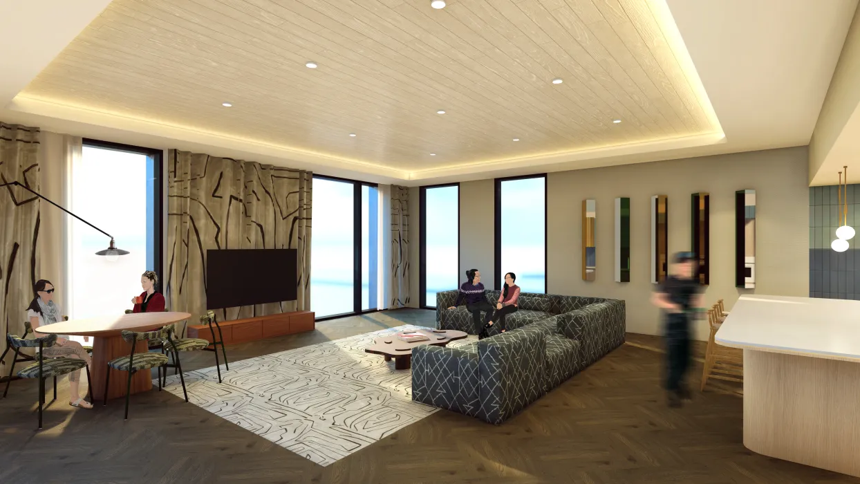 Interior rendering of the resident lounge inside 420 Mendocino in Santa Rose, California.
