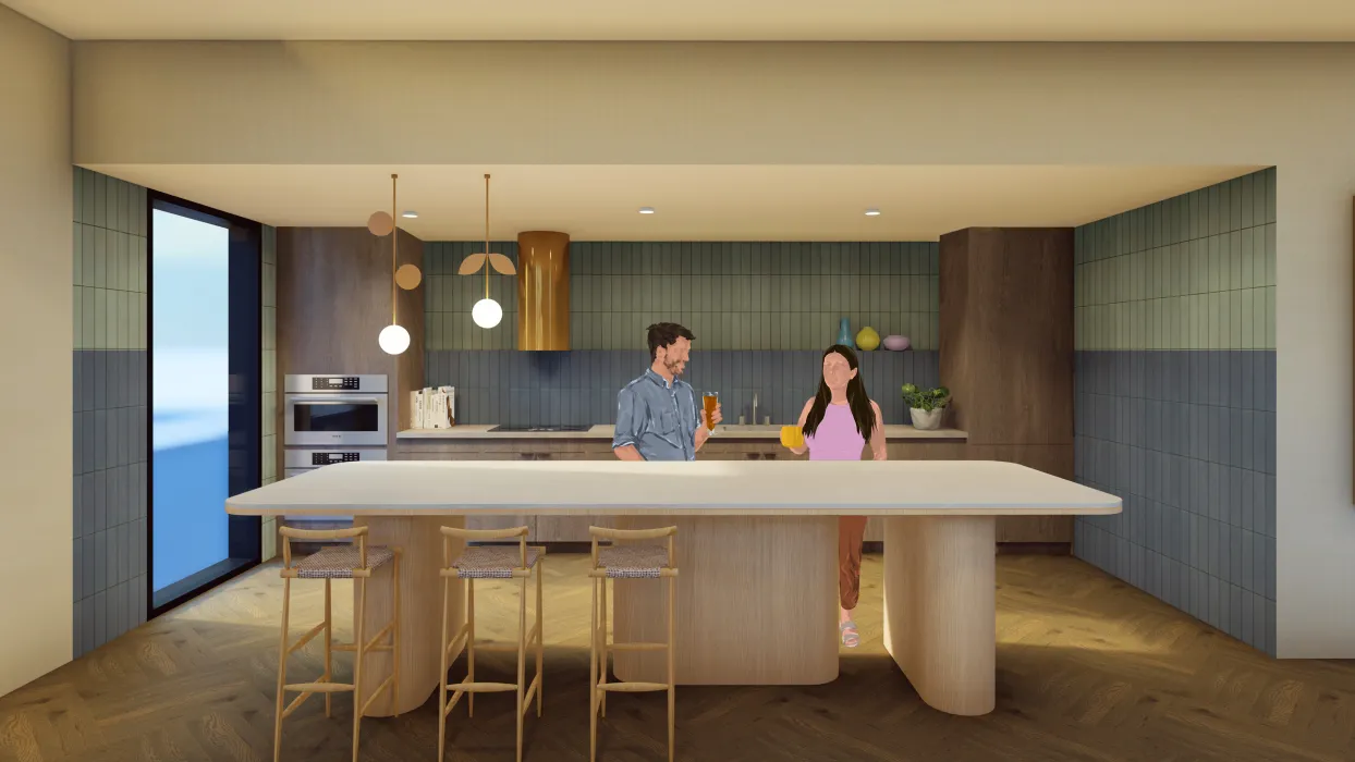 Interior rendering of the resident lounge kitchen inside 420 Mendocino in Santa Rose, California.