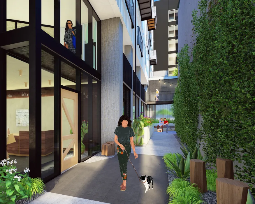 rendering of pedestrian passage and entrance to 420 Mendocino in Santa Rose, California.