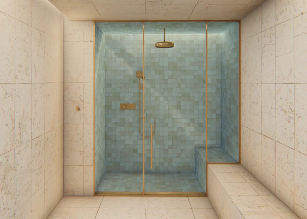 Interior rendering of a shower for 420 Mendocino in Santa Rose, California.