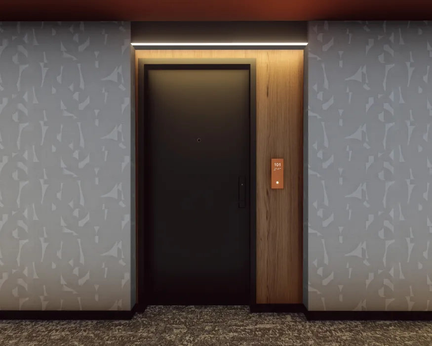 Interior rendering of a unit entry door for 420 Mendocino in Santa Rose, California.